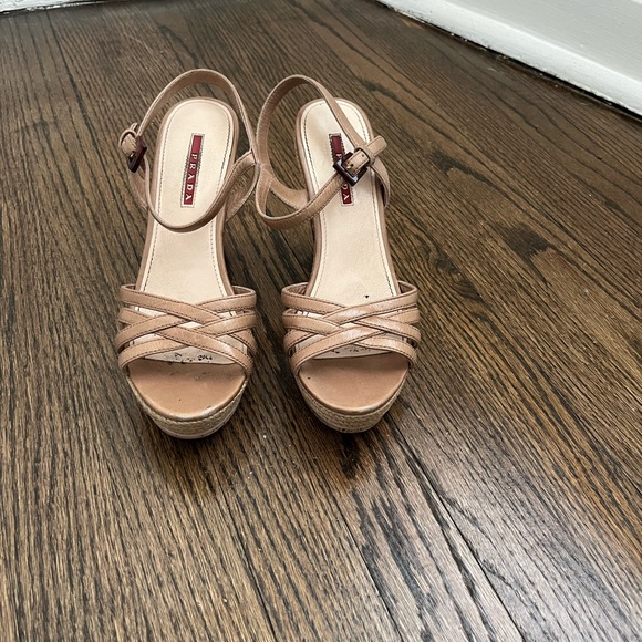 Prada Womens Strappy Nude Leather Cork Wedge Sandals. US size 6.5 - Picture 3 of 11